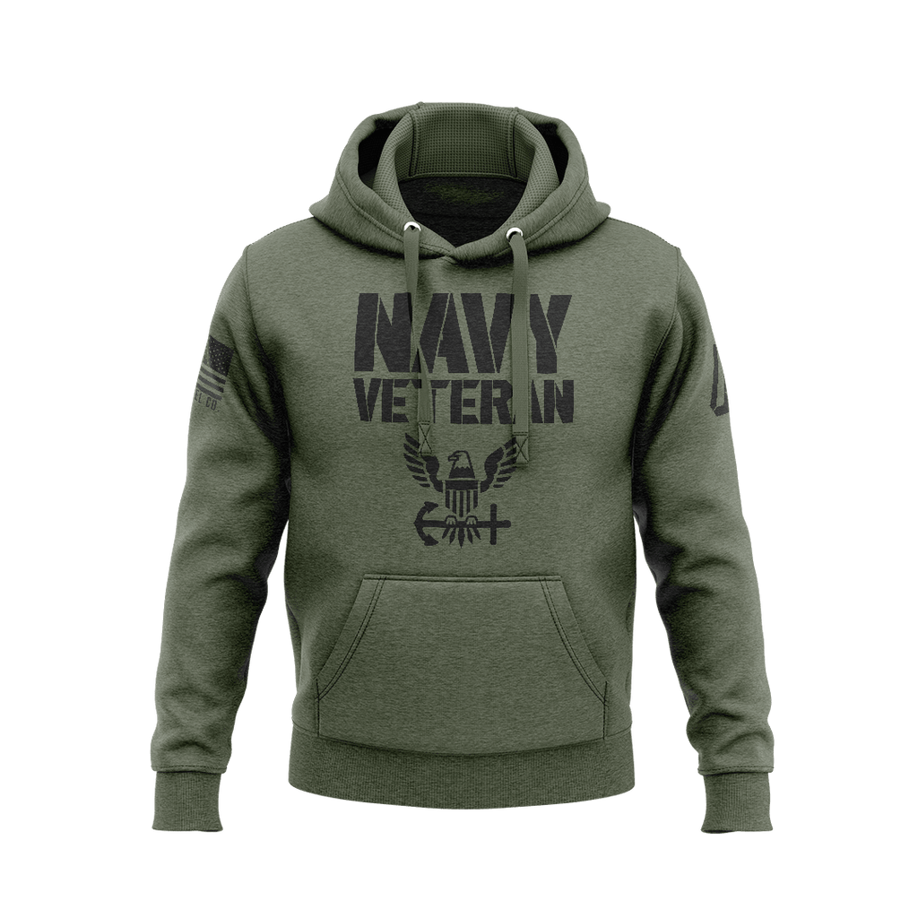Military green hoodie, front view, featuring "NAVY VETERAN" text, a US Navy emblem, and an American flag on the sleeve.
