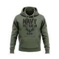 Military green hoodie, front view, featuring "NAVY VETERAN" text, a US Navy emblem, and an American flag on the sleeve.