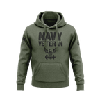 Military green hoodie, front view, featuring "NAVY VETERAN" text, a US Navy emblem, and an American flag on the sleeve.