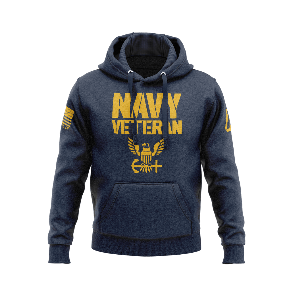 Navy blue hoodie, front view, featuring "NAVY VETERAN" text, a US Navy emblem, and an American flag on the sleeve.