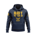 Navy blue hoodie, front view, featuring "NAVY VETERAN" text, a US Navy emblem, and an American flag on the sleeve.