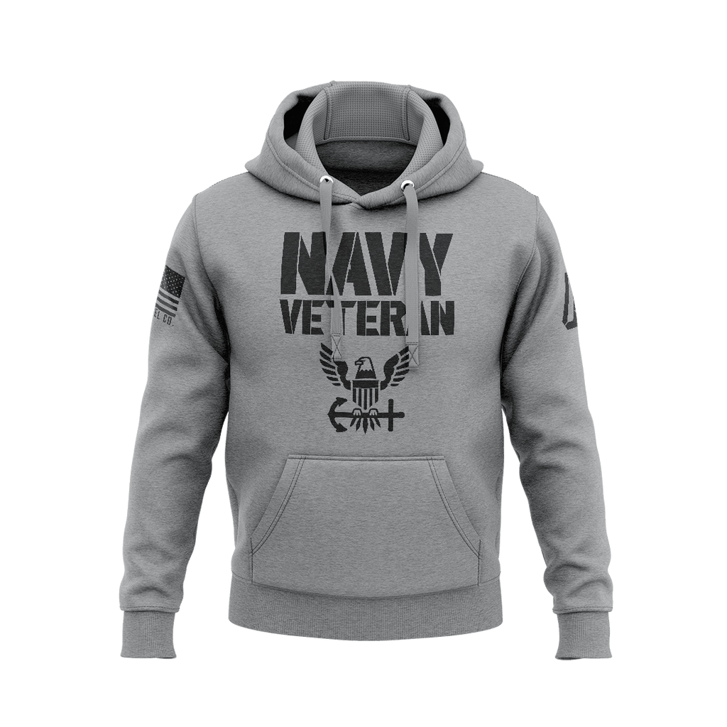 Sport gray hoodie, front view, featuring "NAVY VETERAN" text, a US Navy emblem, and an American flag on the sleeve.