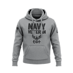 Sport gray hoodie, front view, featuring "NAVY VETERAN" text, a US Navy emblem, and an American flag on the sleeve.