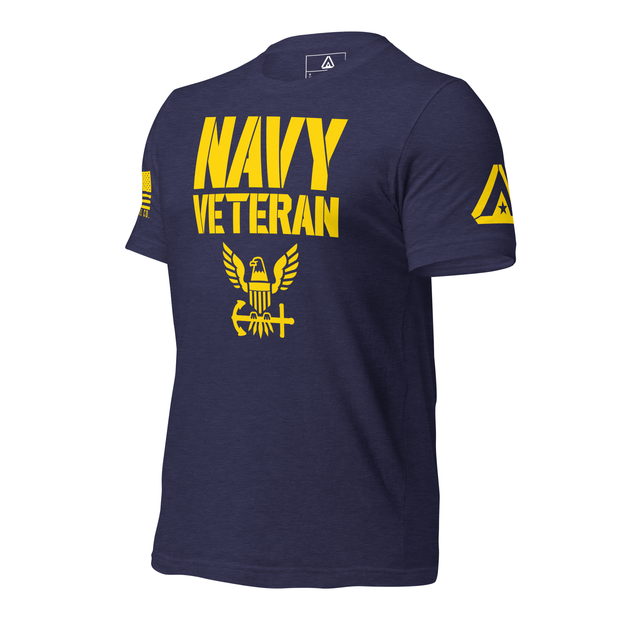 Navy t-shirt angled right, featuring yellow "NAVY VETERAN" text, eagle emblem, and DIA logo on the right sleeve.