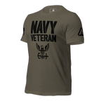 Army green t-shirt angled right, featuring black "NAVY VETERAN" text, eagle emblem, and DIA logo on the left sleeve.