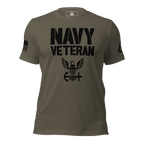 Army green t-shirt front view, featuring black "NAVY VETERAN" text, eagle emblem, and DIA logo on the left sleeve.