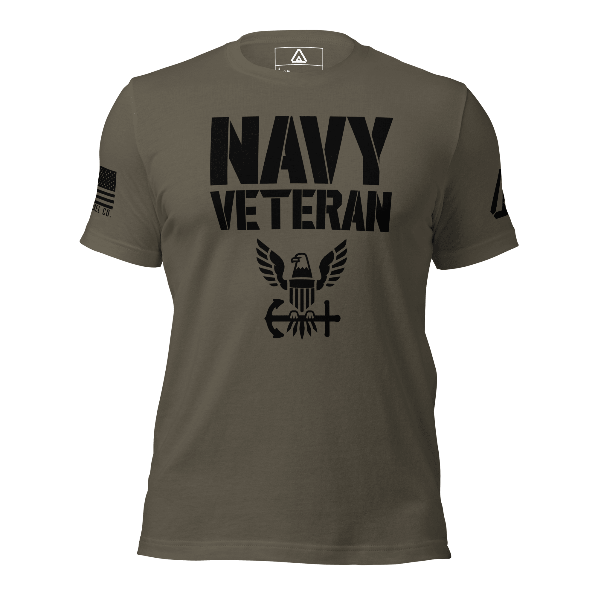Army green t-shirt front view, featuring black "NAVY VETERAN" text, eagle emblem, and DIA logo on the left sleeve.