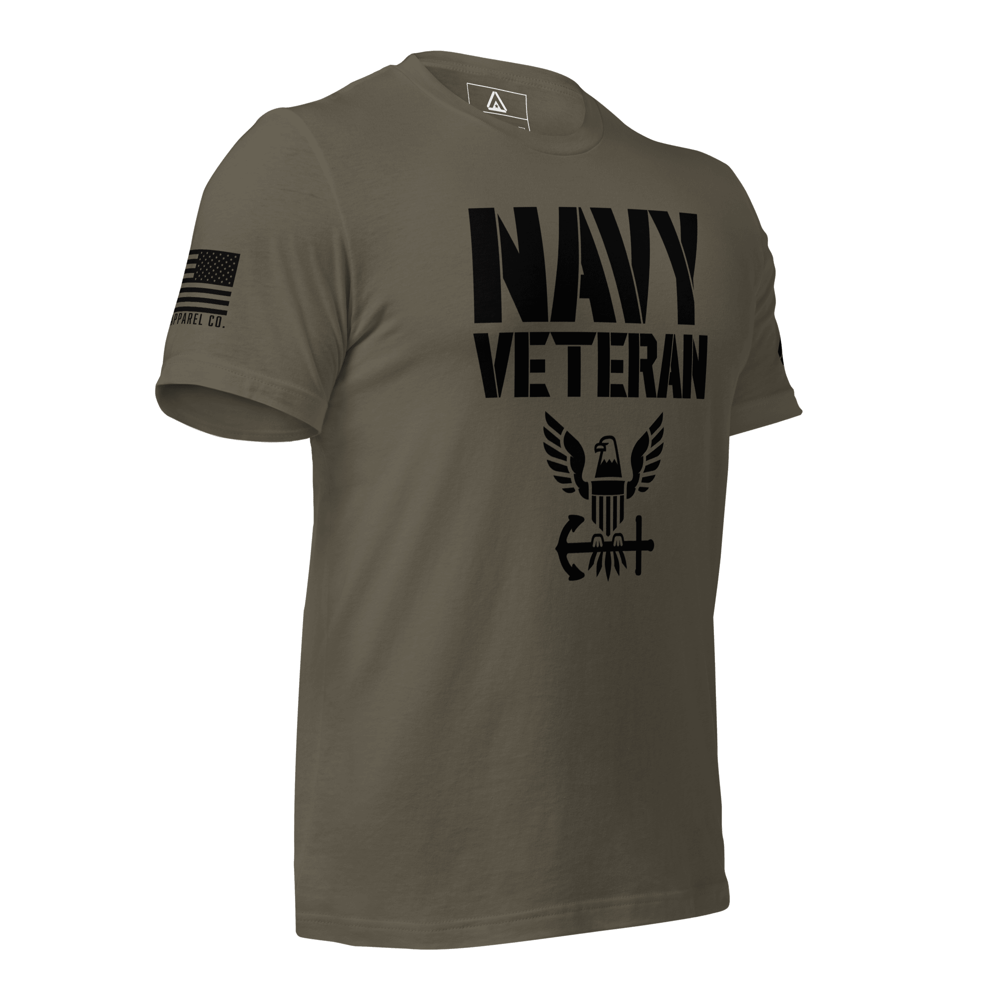 Army green t-shirt angled left, featuring black "NAVY VETERAN" text, eagle emblem, and American flag on the right sleeve.
