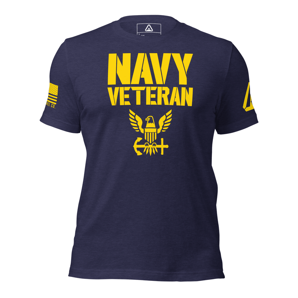 Navy t-shirt front view, featuring yellow "NAVY VETERAN" text, eagle emblem, and DIA logo on the left sleeve.