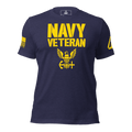Navy t-shirt front view, featuring yellow "NAVY VETERAN" text, eagle emblem, and DIA logo on the left sleeve.
