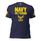 Navy t-shirt front view, featuring yellow "NAVY VETERAN" text, eagle emblem, and DIA logo on the left sleeve.