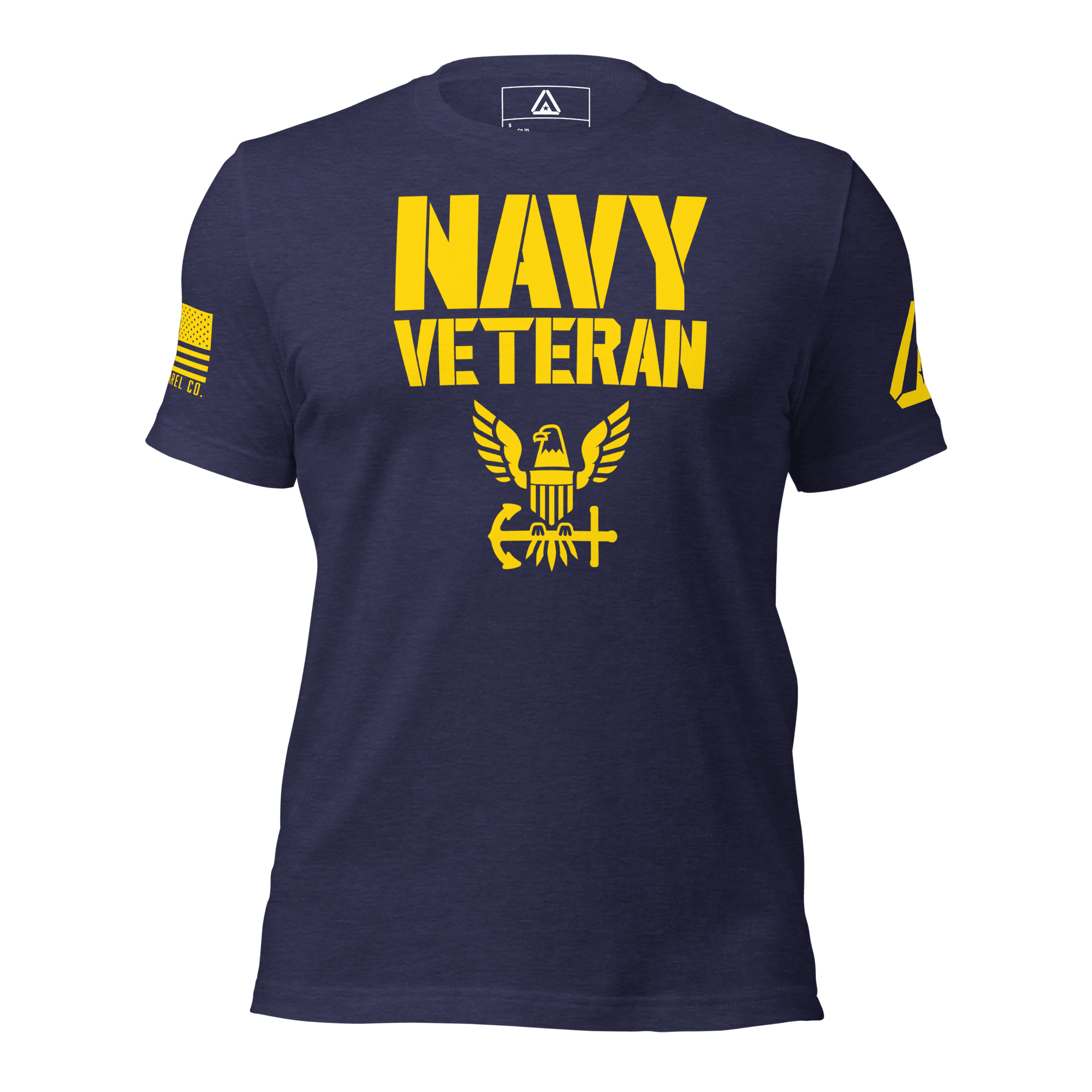 Navy t-shirt front view, featuring yellow "NAVY VETERAN" text, eagle emblem, and DIA logo on the left sleeve.