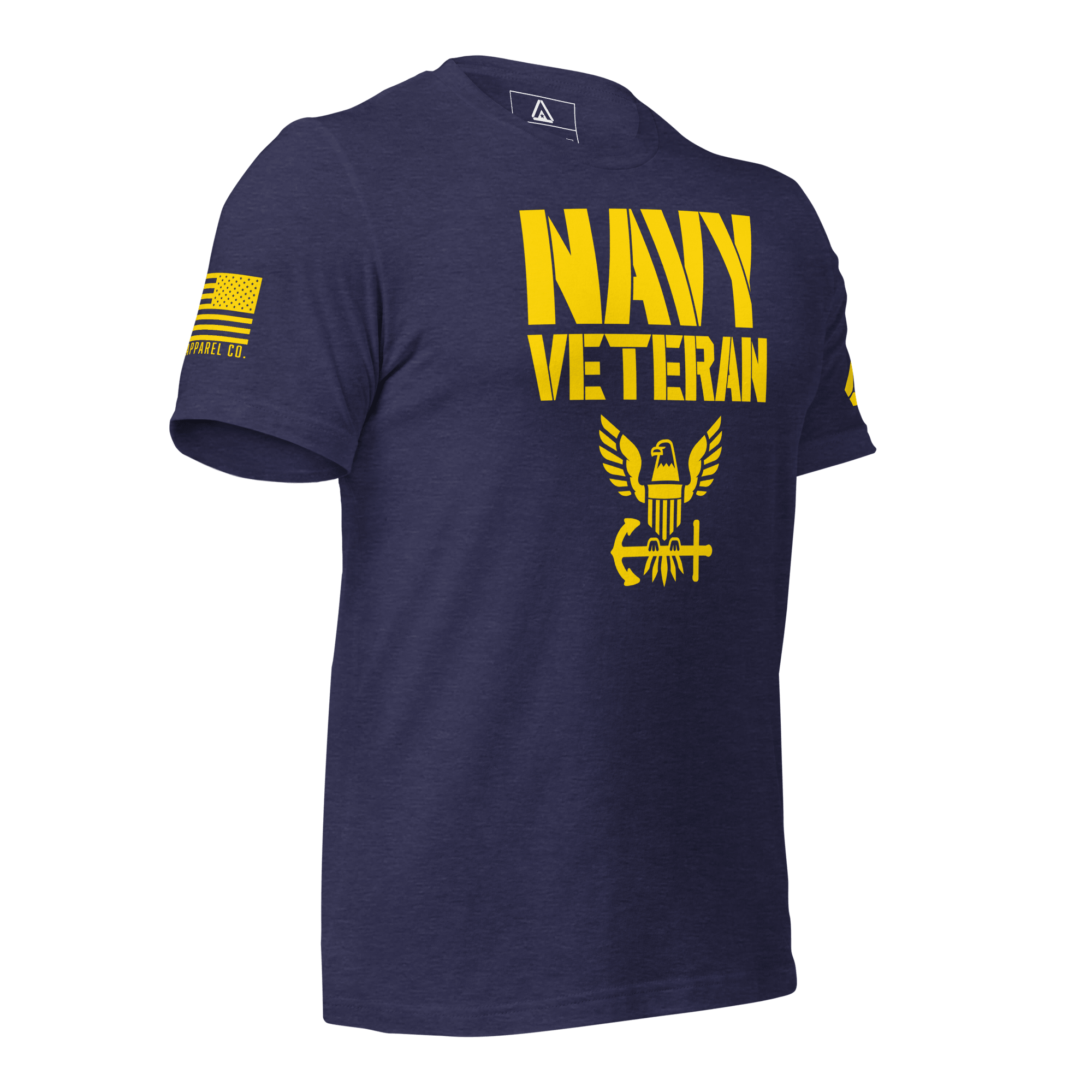 Navy t-shirt angled left, featuring yellow "NAVY VETERAN" text, eagle emblem, and American flag on the right sleeve.