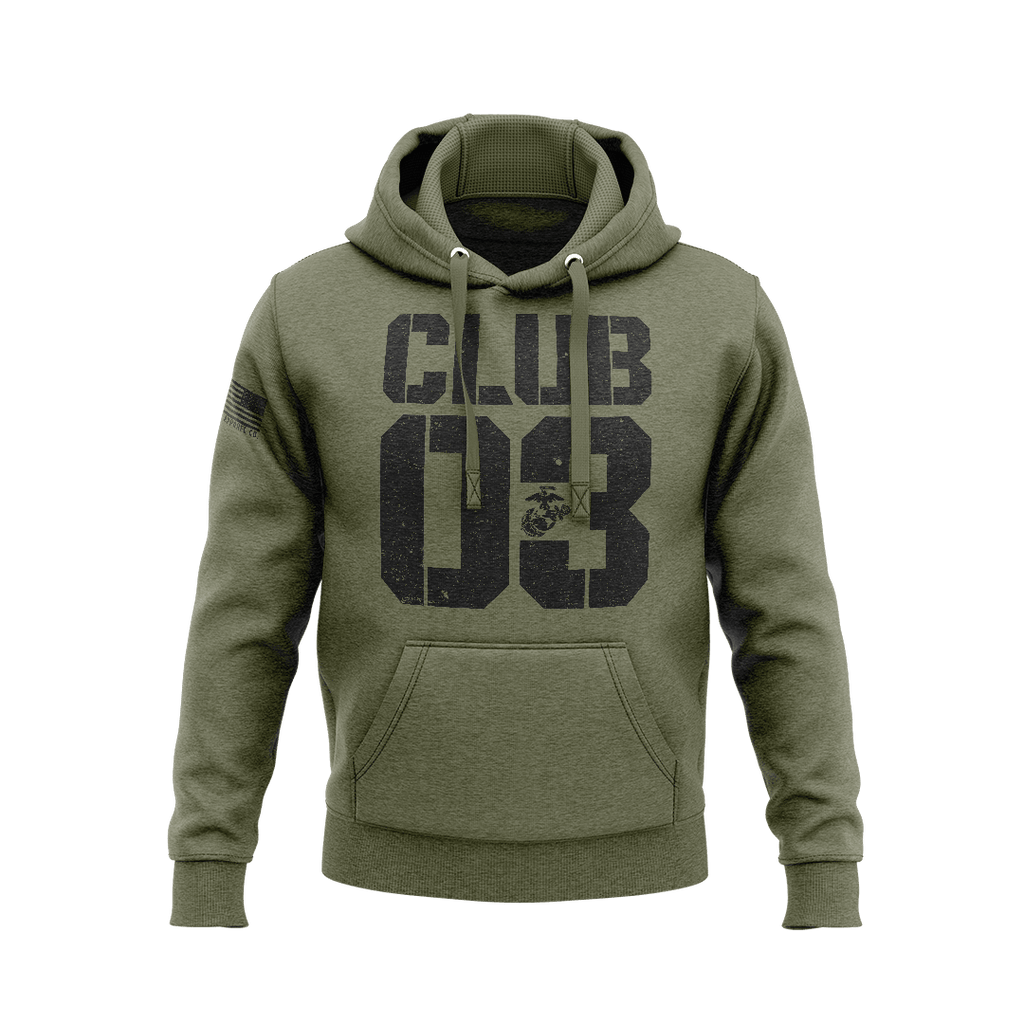 Army green hoodie, front view, featuring a black "CLUB 03" graphic with a USMC emblem and an American flag sleeve.