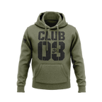 Army green hoodie, front view, featuring a black "CLUB 03" graphic with a USMC emblem and an American flag sleeve.