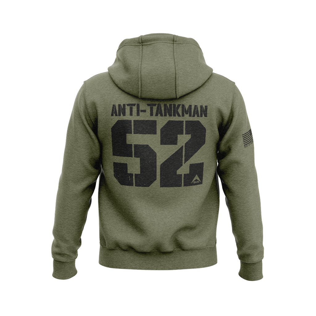 Army green hoodie, back view, featuring "ANTI-TANKMAN" and "52" graphics with the DIA logo and an American flag sleeve.