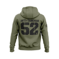 Army green hoodie, back view, featuring "ANTI-TANKMAN" and "52" graphics with the DIA logo and an American flag sleeve.