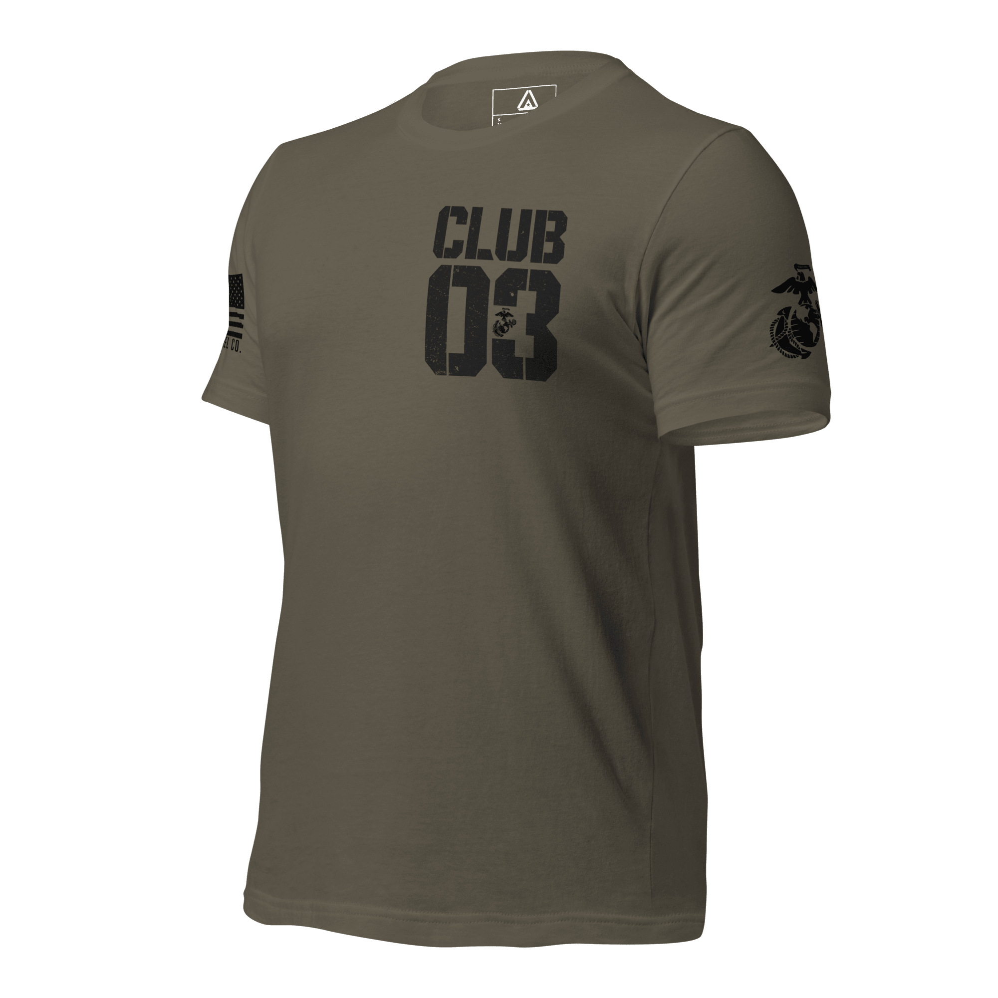 Army green t-shirt, angled right, featuring a black "CLUB 03" chest graphic, DIA logo, and USMC emblem.