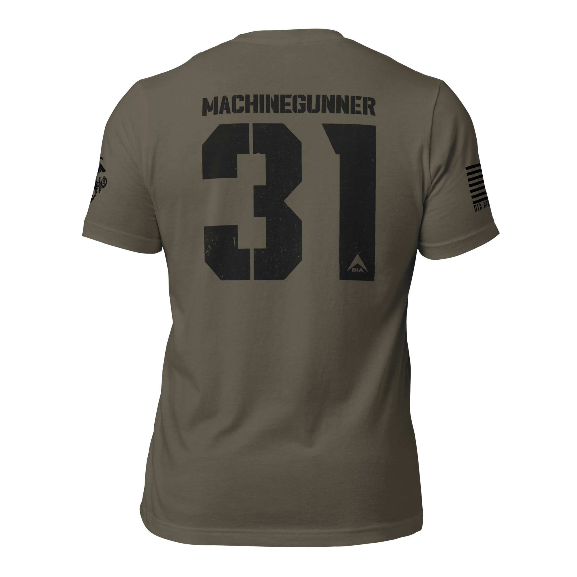 Army green t-shirt, rear view, featuring black MACHINEGUNNER 31 graphic, USMC emblem, and American flag on the sleeve.