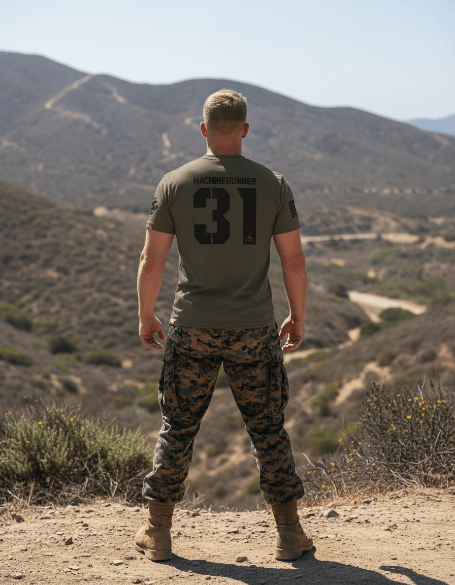 A man in camo pants stands on a desert ridge wearing an army green MACHINEGUNNER 31 t-shirt with a DIA logo.