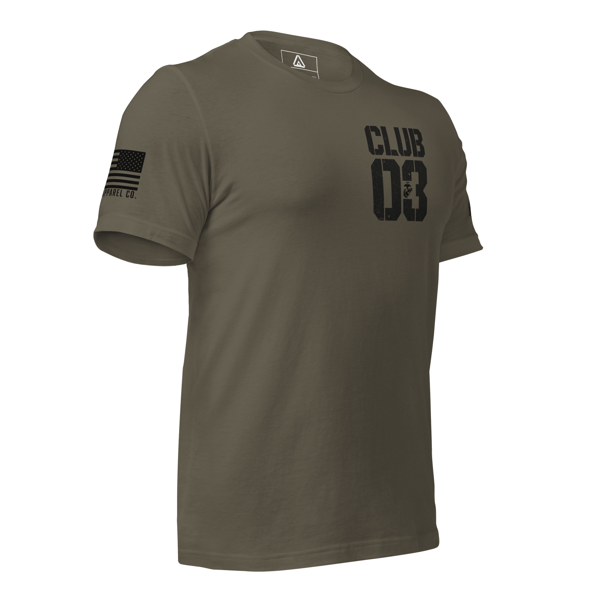Army green t-shirt, angled left, featuring a black CLUB 03 graphic, and an American flag on the sleeve.