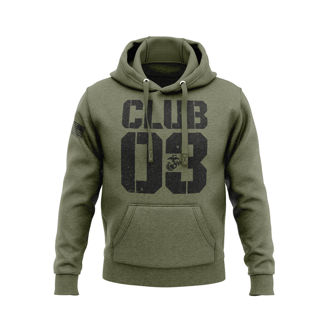 Army green hoodie, front view, featuring black CLUB 03 graphic, EGA emblem, and American flag on the right sleeve.