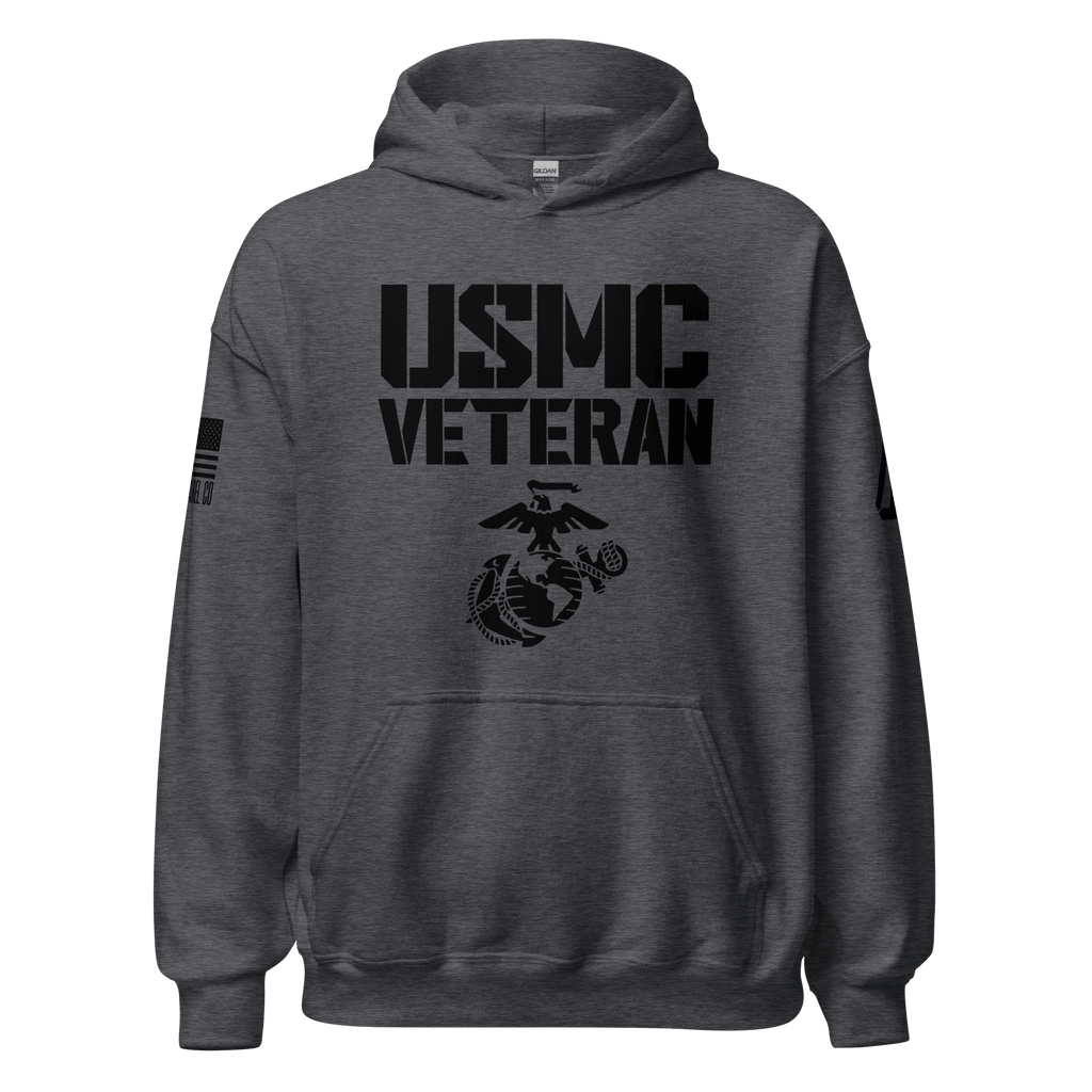 Dark heather gray hoodie, front perspective, displaying black "USMC VETERAN" print, Marine Corps eagle, globe, anchor icon.