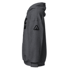 Dark heather gray hoodie, lateral perspective, showcasing black "USMC VETERAN" print and a lone DIA logo on the sleeve.