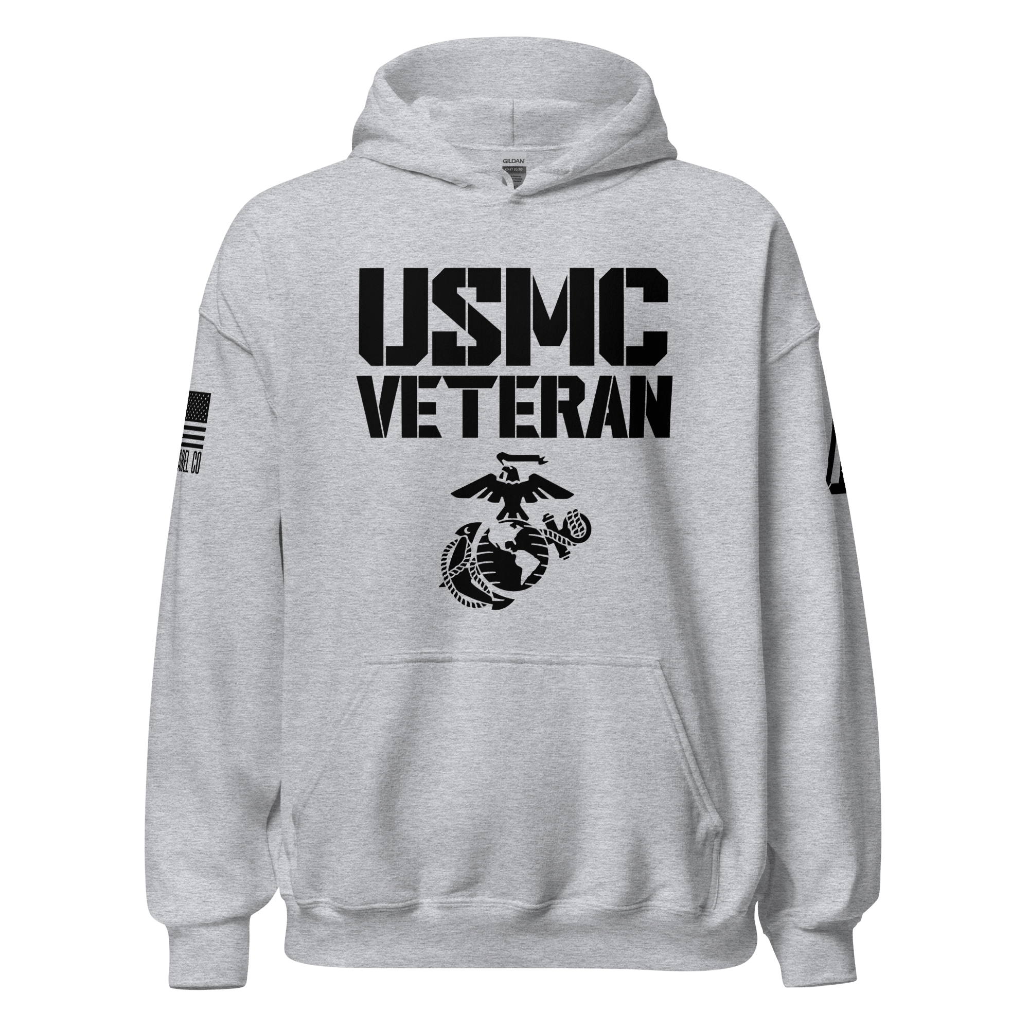 Sport gray hoodie, front view, featuring black "USMC VETERAN" text, Marine Corps emblem, and an American flag on the sleeve.