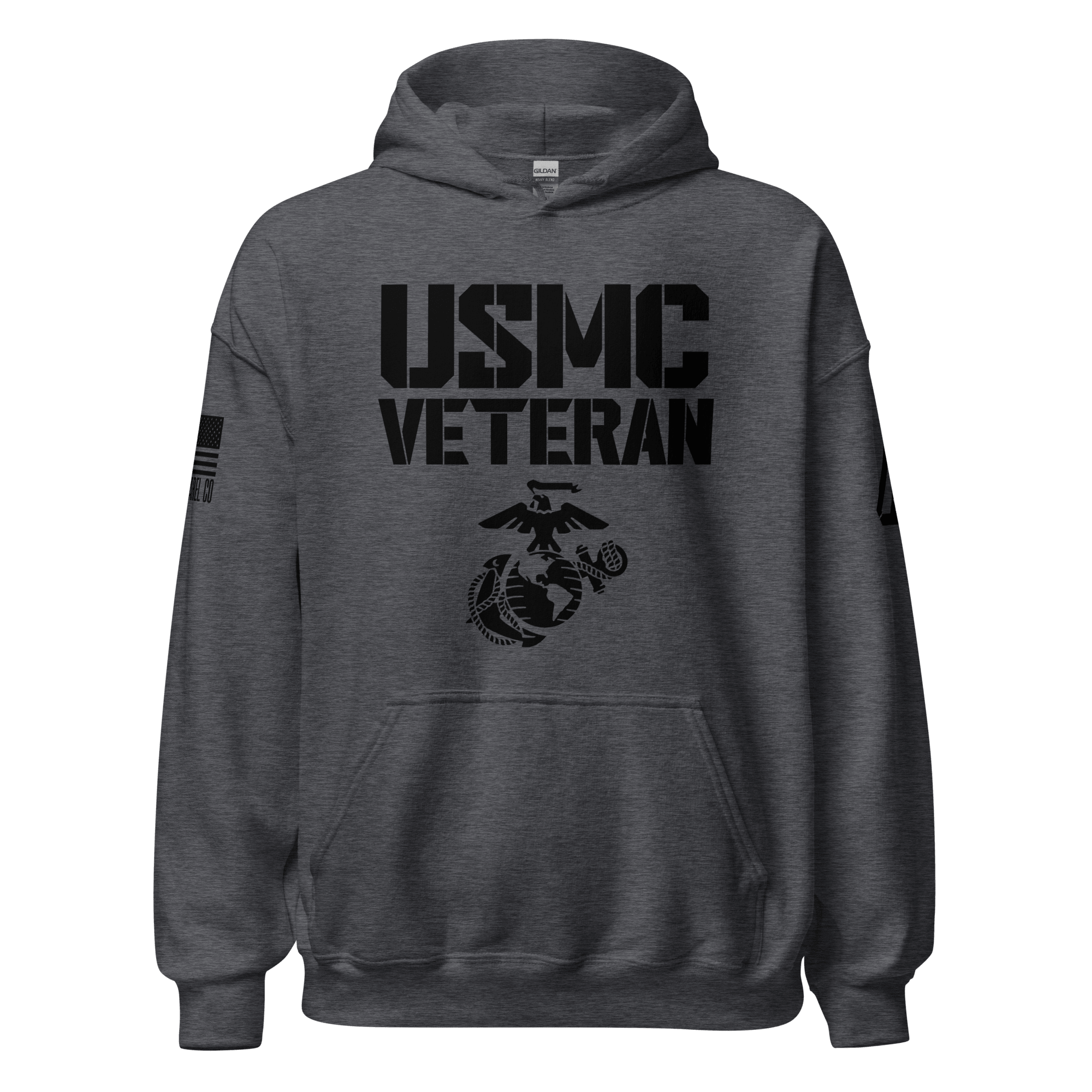Dark heather gray hoodie, front view, displaying black "USMC VETERAN" text, military emblem, and sleeve flag design.