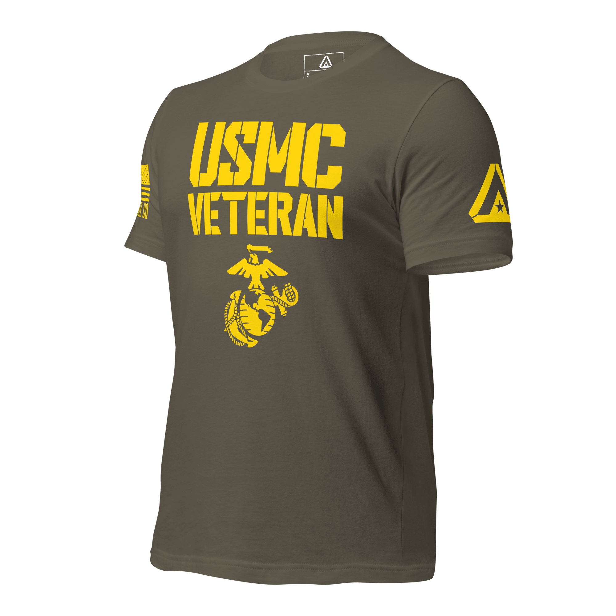 Army green t-shirt angled right, featuring yellow "USMC VETERAN" text, USMC emblem, and DIA logo on the sleeve.