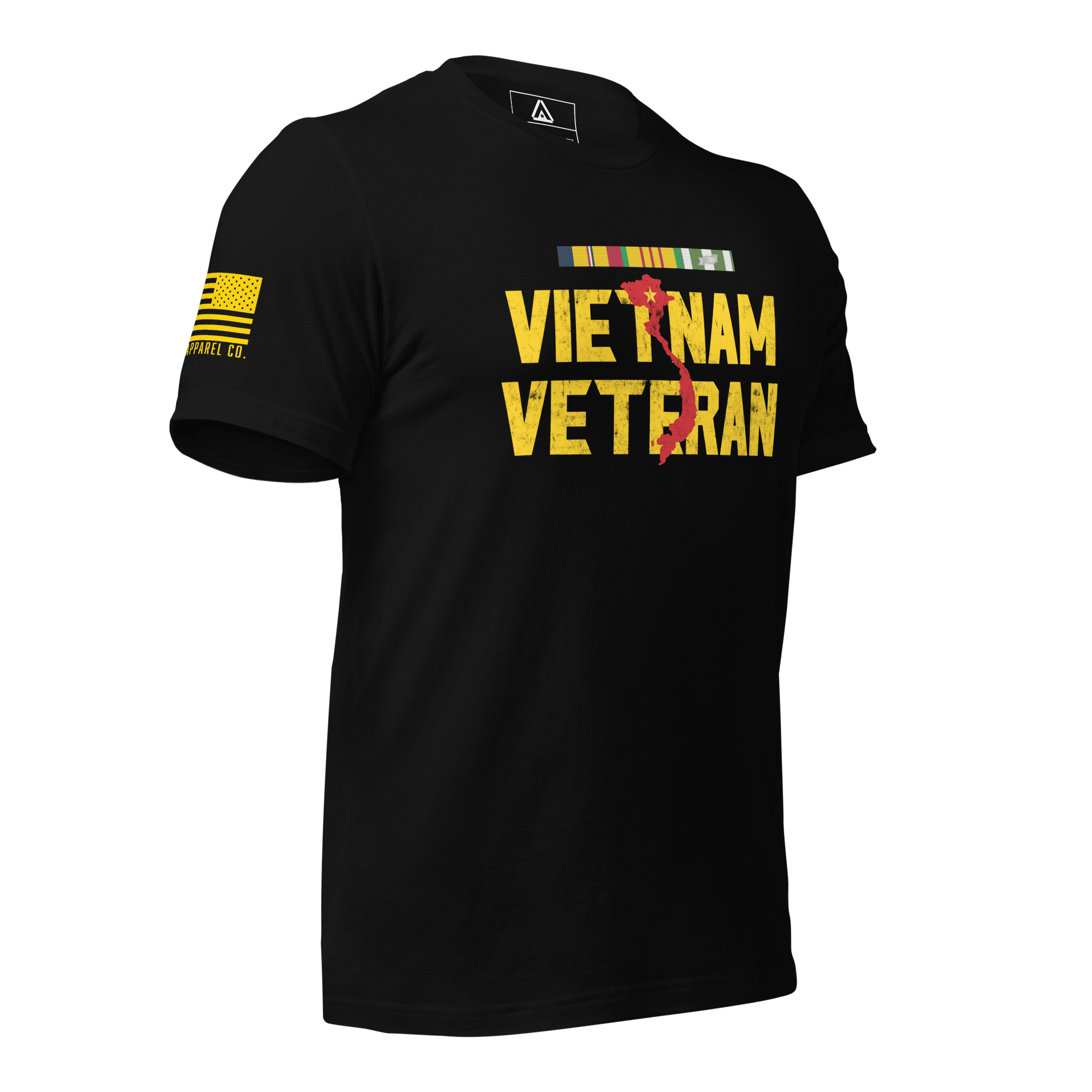 Black USMC VIETNAM VETERAN t-shirt, three-quarter view angled left, featuring a yellow American flag on the sleeve.