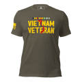 Army green t-shirt with "VIETNAM VETERAN" in yellow, a red map of Vietnam,  and a yellow American flag on the sleeve.