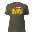 Army green t-shirt with "VIETNAM VETERAN" in yellow, a red map of Vietnam,  and a yellow American flag on the sleeve.
