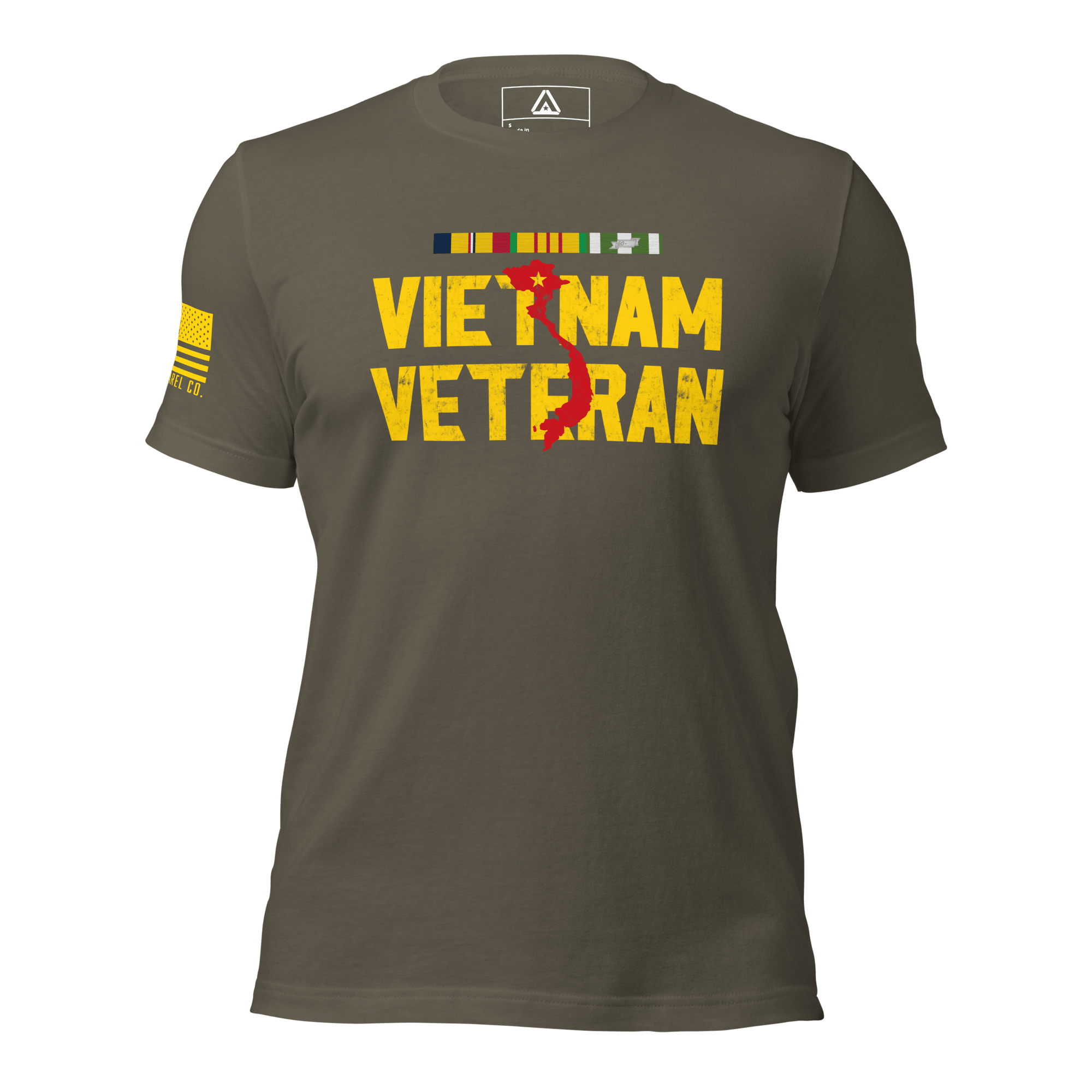 Army green t-shirt with "VIETNAM VETERAN" in yellow, a red map of Vietnam,  and a yellow American flag on the sleeve.