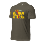 Army green t-shirt, three-quarter view angled right, with "VIETNAM VETERAN" text, a red map of Vietnam, and USMC ribbons.