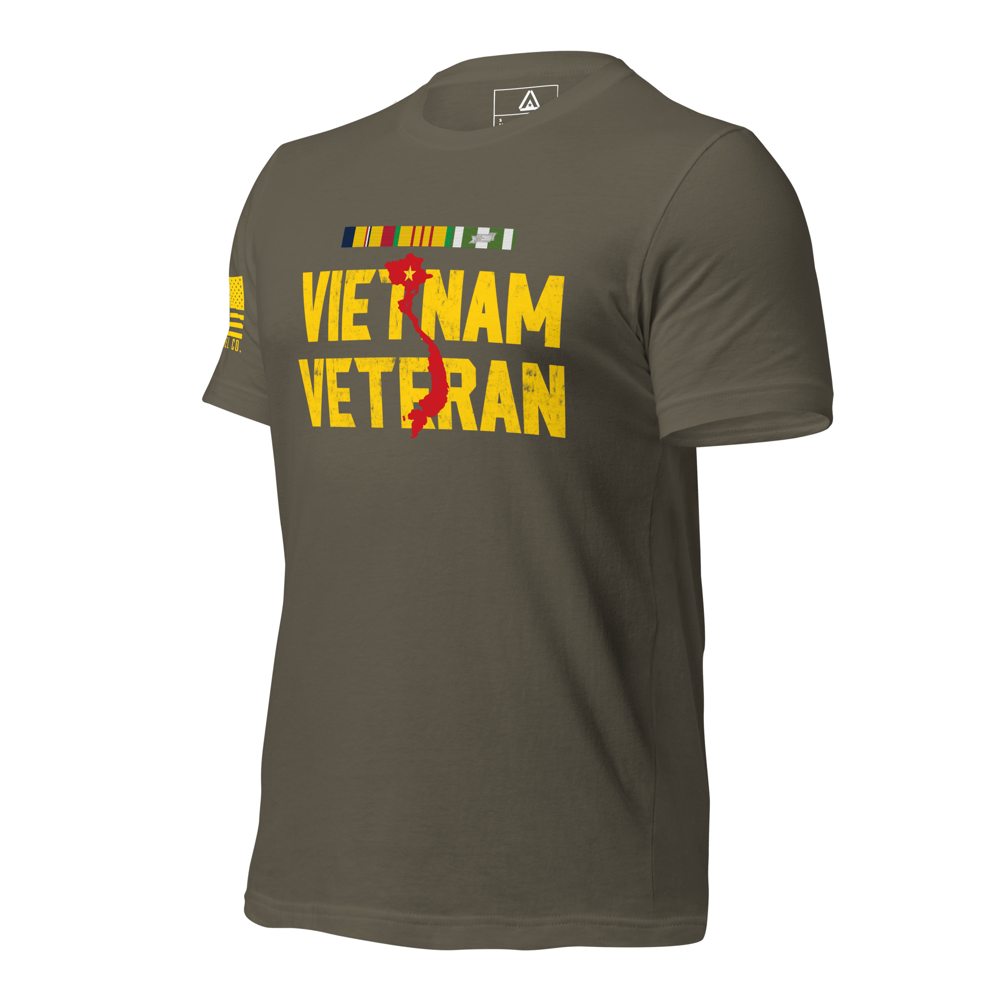 Army green t-shirt, three-quarter view angled right, with "VIETNAM VETERAN" text, a red map of Vietnam, and USMC ribbons.