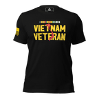 Black t-shirt featuring "VIETNAM VETERAN" in yellow with a red map of Vietnam, and a yellow American flag on the sleeve.