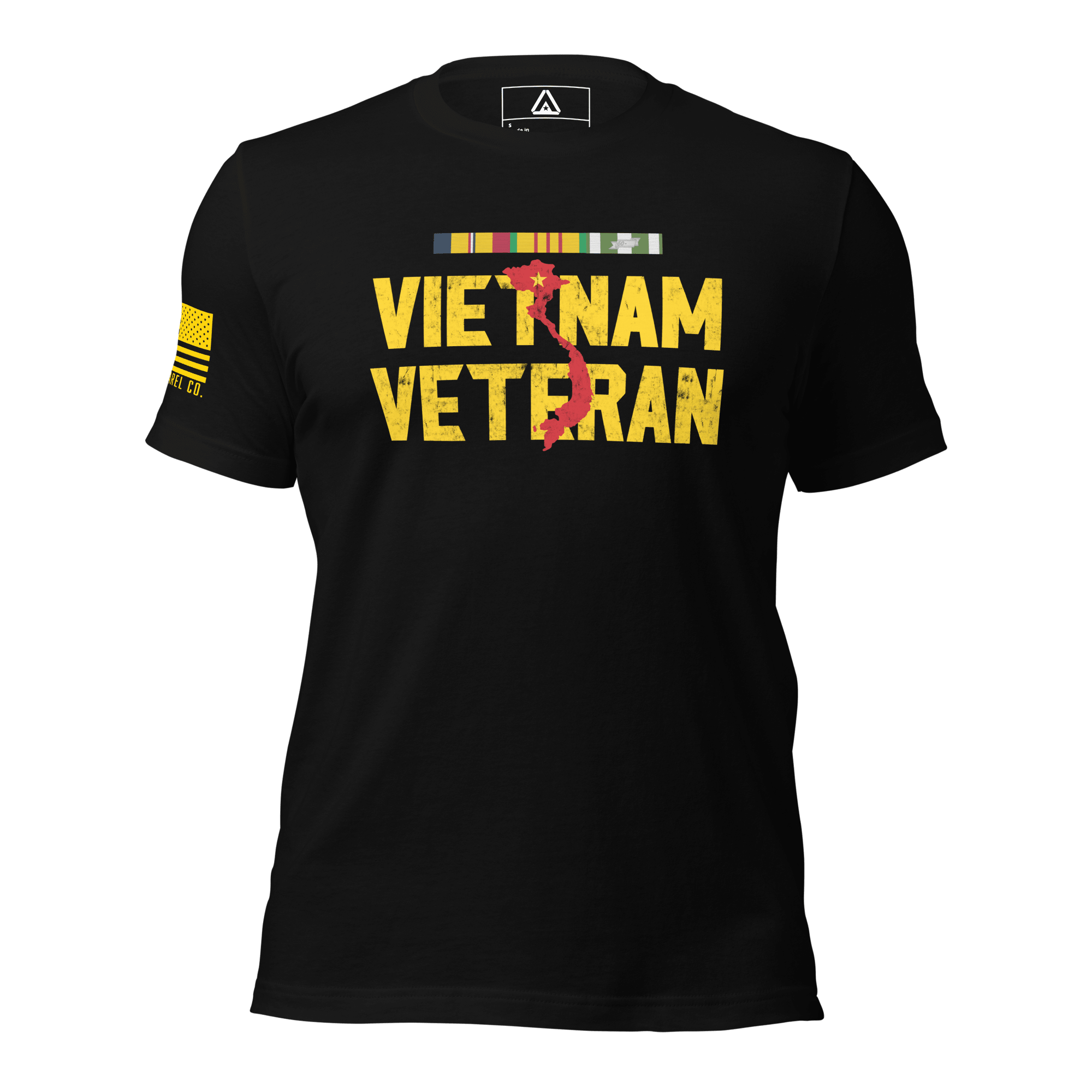 Black t-shirt featuring "VIETNAM VETERAN" in yellow with a red map of Vietnam, and a yellow American flag on the sleeve.