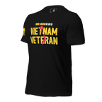 Black t-shirt, three-quarter view angled right, with "VIETNAM VETERAN" text, a red map of Vietnam, and USMC ribbons.
