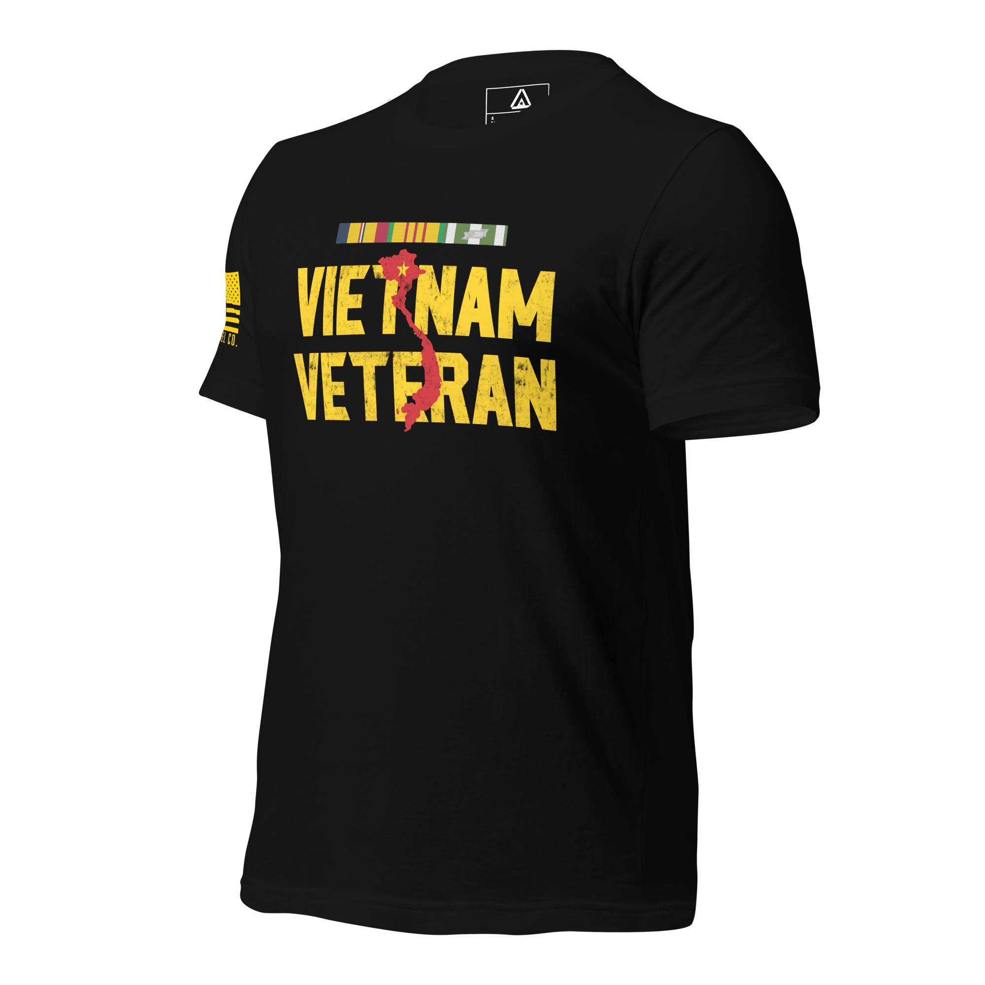 Black t-shirt, three-quarter view angled right, with "VIETNAM VETERAN" text, a red map of Vietnam, and USMC ribbons.