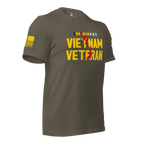 Army green t-shirt, angled left, with "VIETNAM VETERAN" text, featuring a yellow American flag on the sleeve.