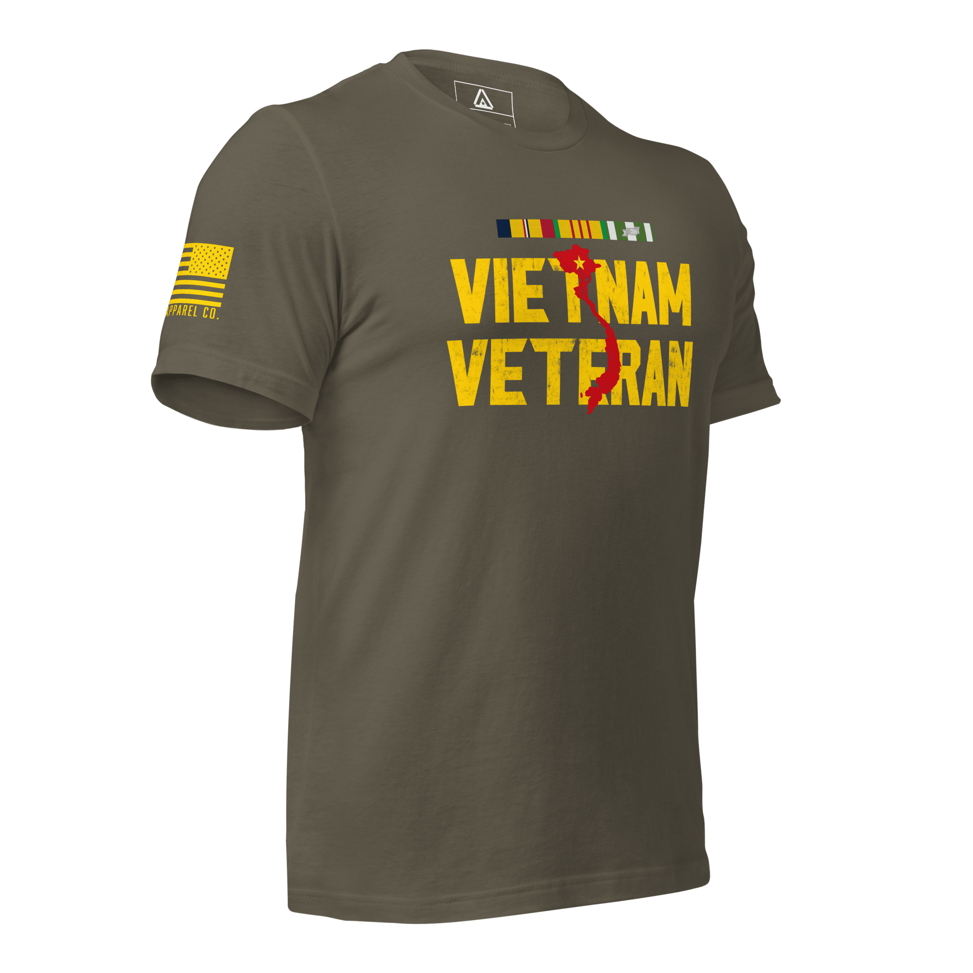 Army green t-shirt, angled left, with "VIETNAM VETERAN" text, featuring a yellow American flag on the sleeve.