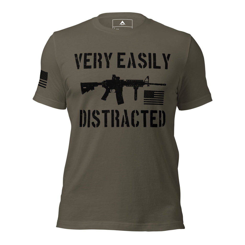 Front-facing army green shirt featuring a black "VERY EASILY DISTRACTED" rifle graphic and a black American flag.
