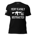 Front-facing black shirt featuring a white "VERY EASILY DISTRACTED" rifle graphic and a white sleeve flag.