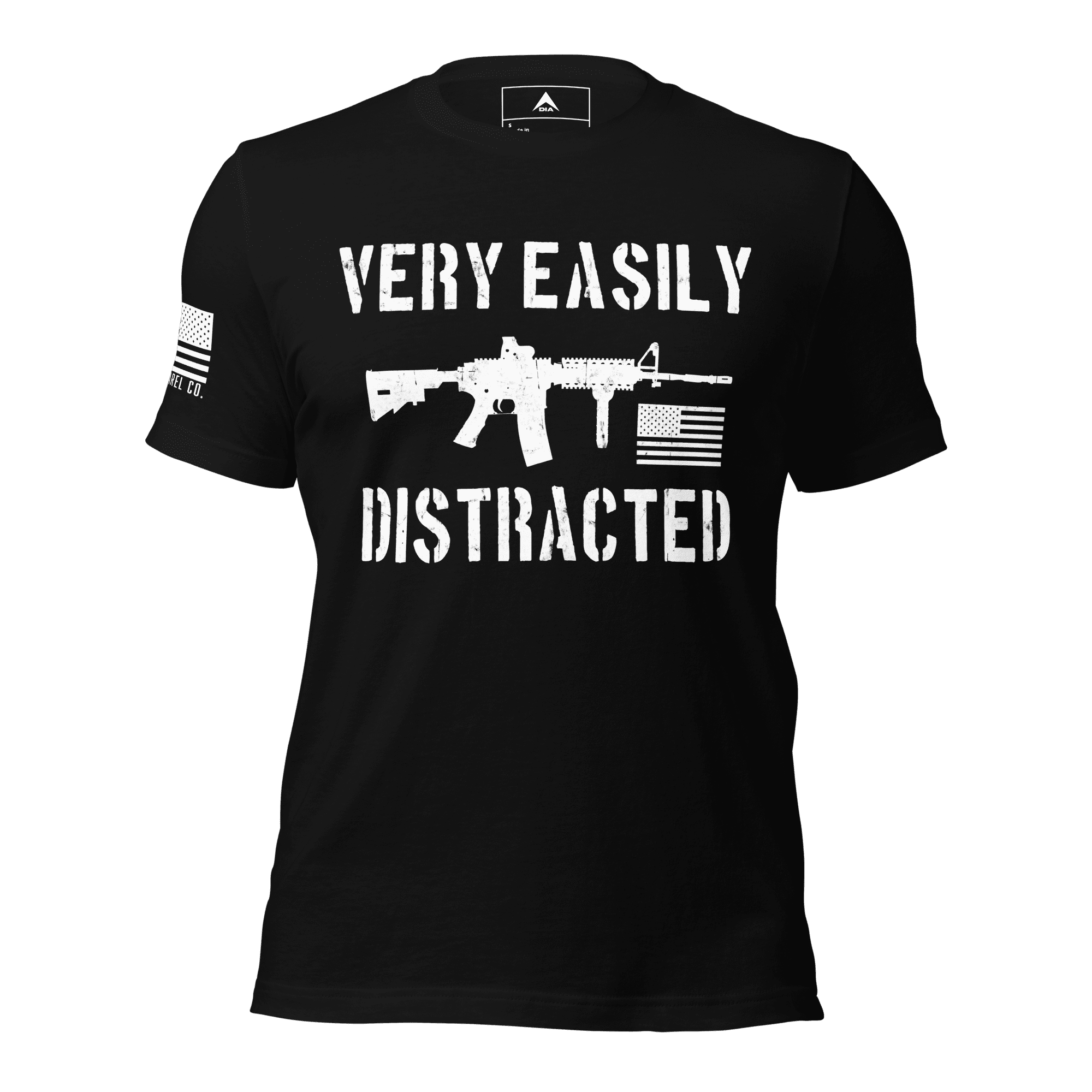 Front-facing black shirt featuring a white "VERY EASILY DISTRACTED" rifle graphic and a white sleeve flag.