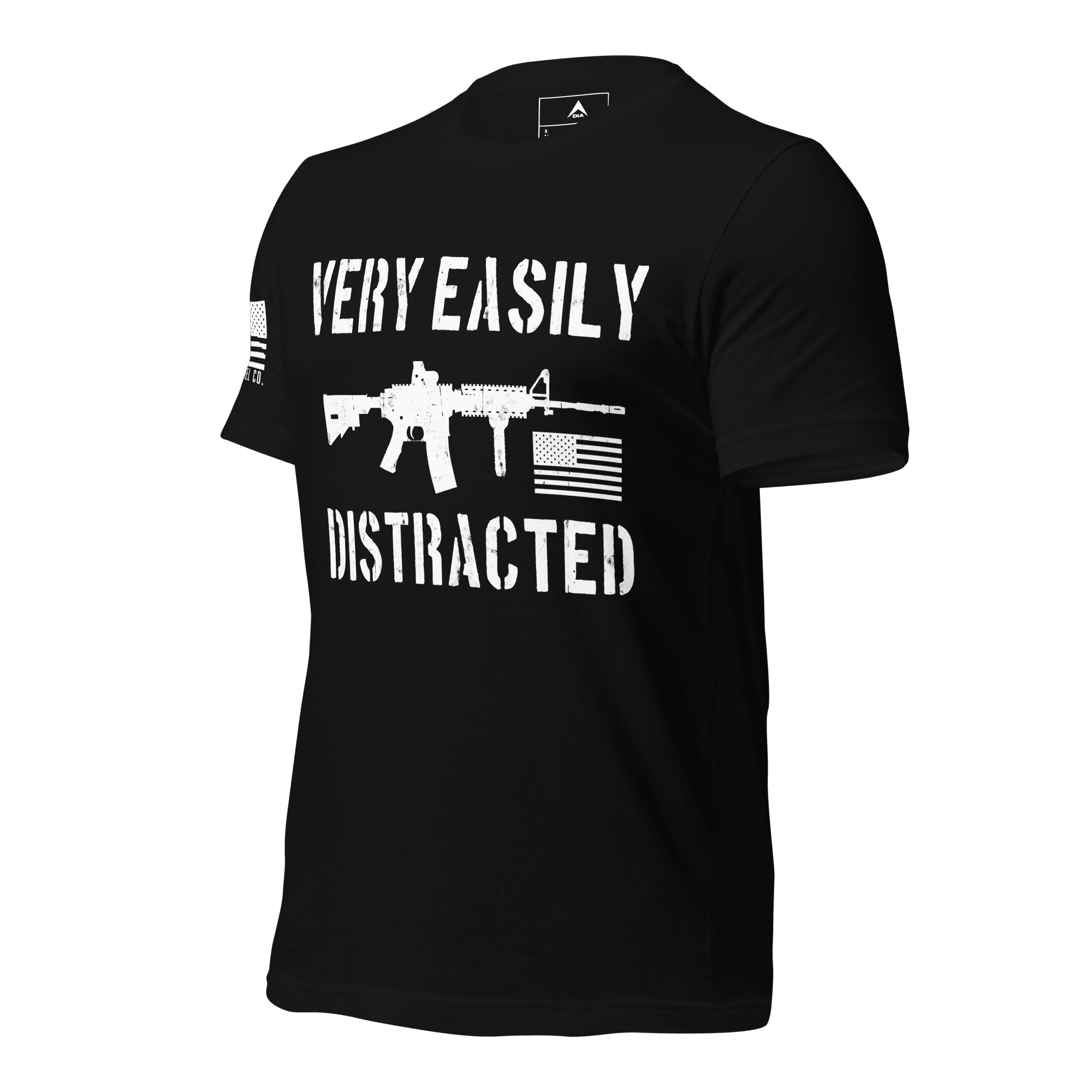 Black shirt angled right featuring a white "VERY EASILY DISTRACTED" rifle graphic and a white sleeve flag.