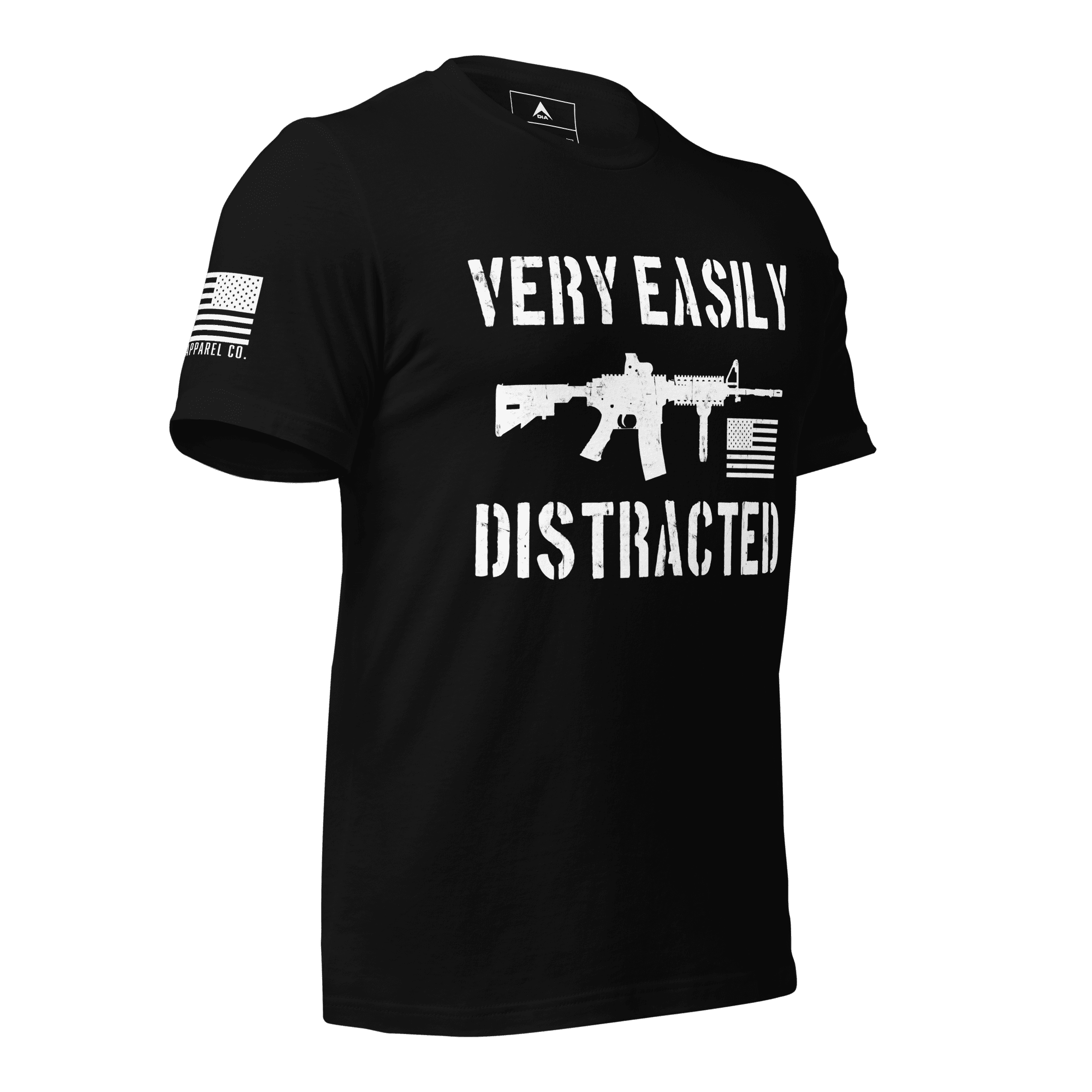 Black shirt angled left featuring a white "VERY EASILY DISTRACTED" rifle graphic and a white sleeve flag.