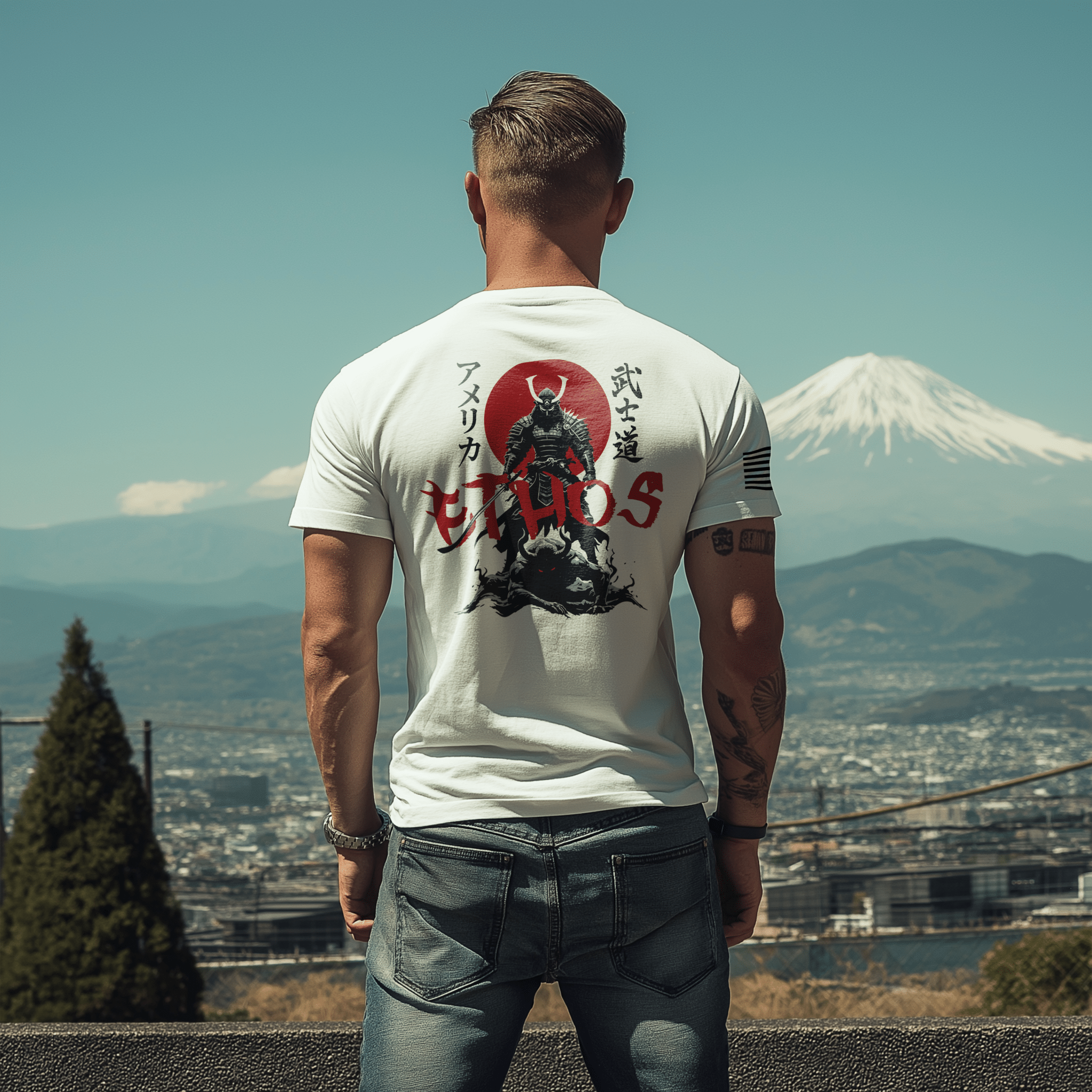 Man by snowy mountains in a white t-shirt with a samurai and red sun back graphic and black sleeve flag.