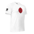 White t-shirt angled left featuring a red circle with Japanese text and a black American flag on the sleeve.